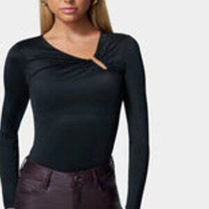 bebe Asymmetrical U Ring Knit Black Long Sleeve Top Women's L